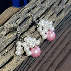 Handcrafted Pink White Glass Pearl Beads Cluster Dangle Earrings